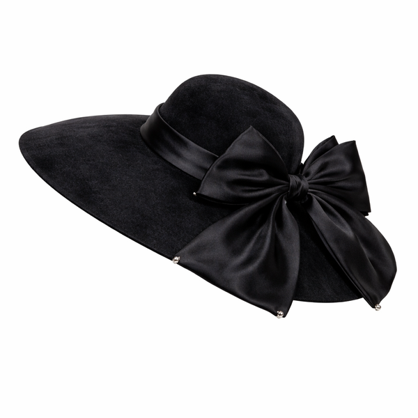 Elegant Wide Brim Black Felt Hat with Satin Bow - Classic Occasion Hat