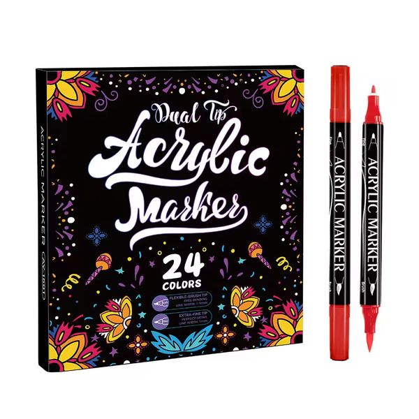 24-Color Premium Dual Tip Acrylic Marker Set - Hard Fine &amp; Soft Brush Nib