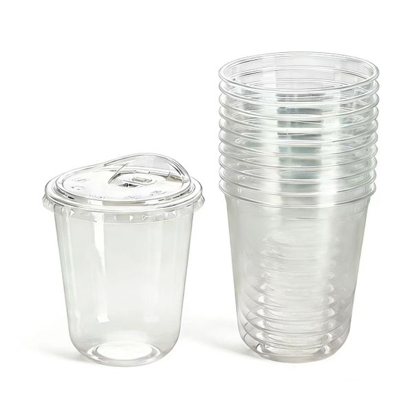 50 Packs Disposable Plastic Coffee Drinking Cups with Lid 370ml