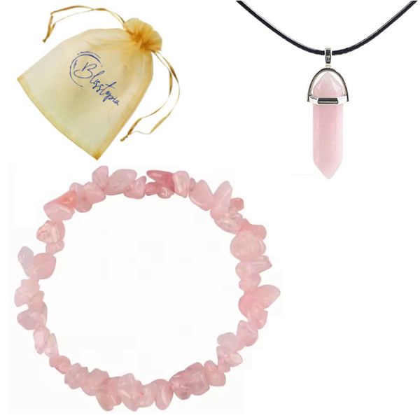 Rose Quartz Bracelet &amp; Rose Quartz Pendant in Organza Bag-Abundant Love