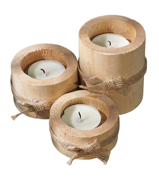 3 Pack Wooden Tea Light Candle Holders + Candles - Natural Finish