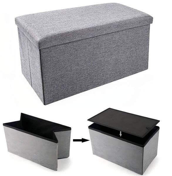ElecTrek-Folding Stool Storage Ottoman Fabric Linen Foot Rest Seat