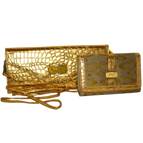 Fino Shimmering Faux Leather Clutch Bag Jaquard Purse Set Gold