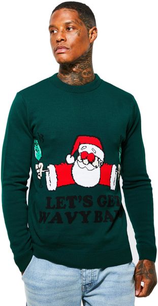 boohooMAN - Men's Lets Get Wavy Baby Christmas Jumper - Bottle Green