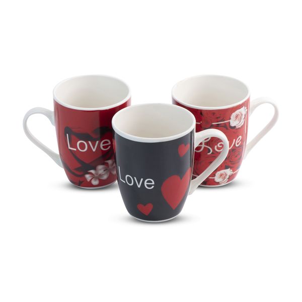 Mugs - Love Design - Ceramic - Red, White &amp; Black - 3 Pack