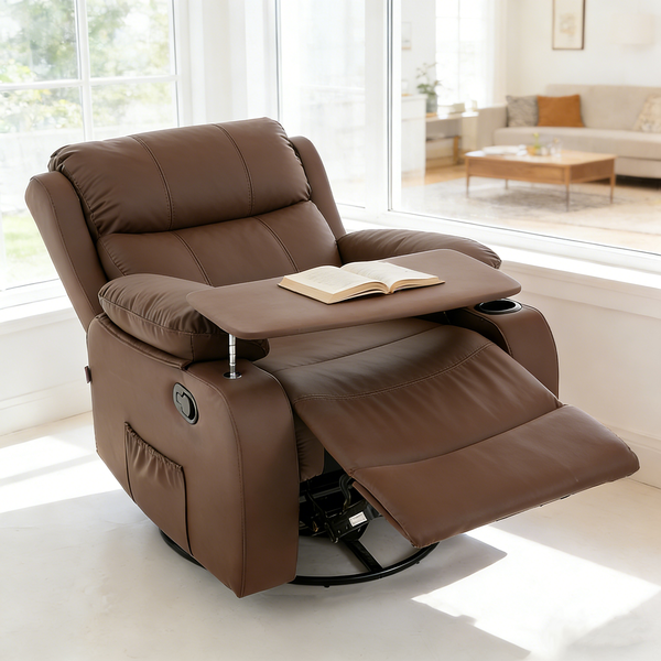 Manual Recliner Chair Swivel Rocker PU Armchair with Removable Table