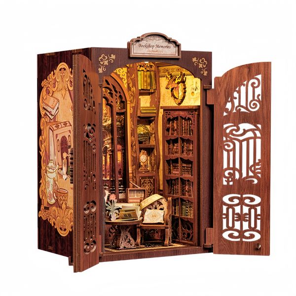 DIY Book Nook Wooden Dollhouse, Miniature Model Kit with Light