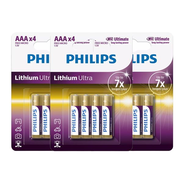 Philips Lithium Ultra AAA Batteries 4-Piece Card - 3 Pack Long-Lasting