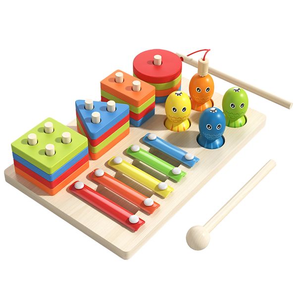 3-in-1 Wooden Activity Board - Shape Sorter, Xylophone &amp; Fishing Game