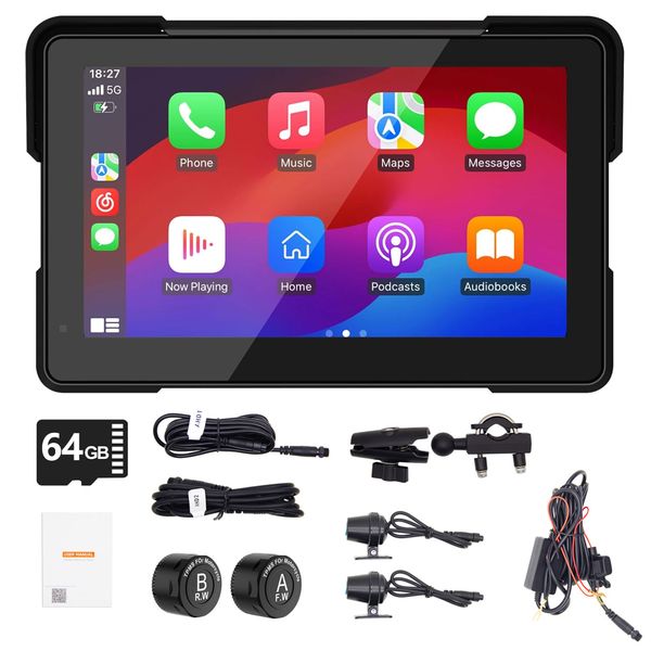 7"Motorcycle Wireless CarPlay Dual Channel, Recorder,Intelligent Navigation
