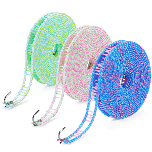 Clothesline Washing Line with Hooks Nylon Windproof Indoor Outdoor Portable