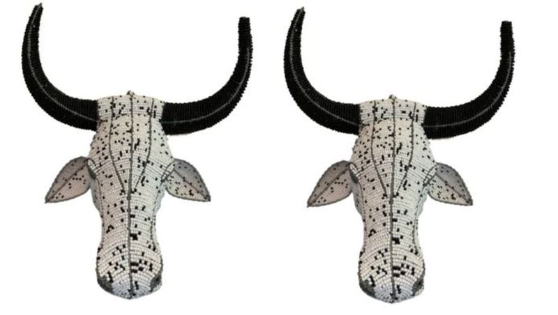 African Bead and Wire Handcrafted Nguni Cow Head Wall Art Large - Set of 2