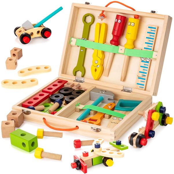 Wooden Tool Box with Colorful Wooden Tools Toy Set For Kids
