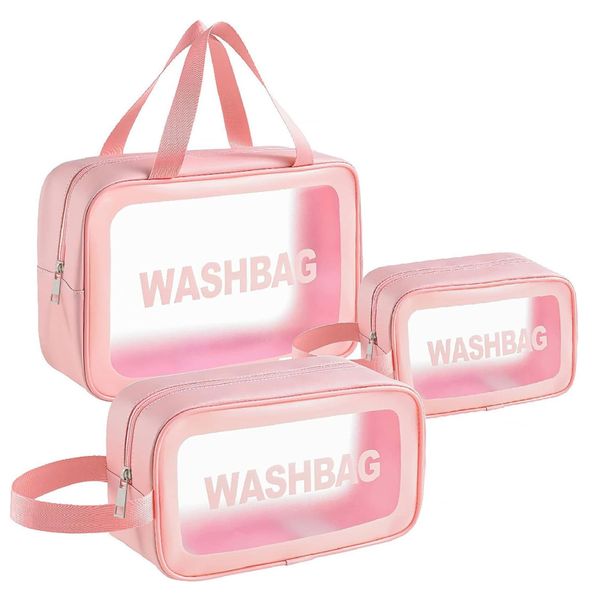 3 Piece Clear Travel Toiletries Bag for Women - Pink