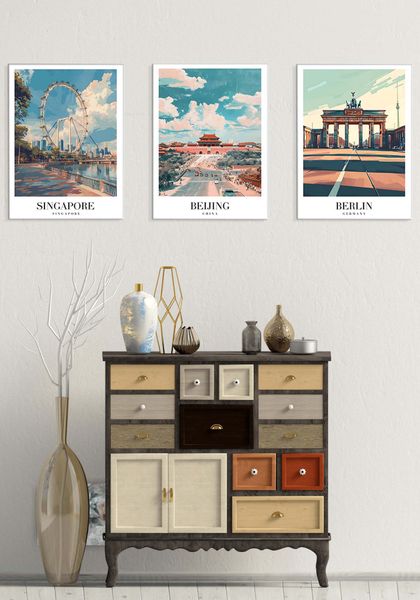 Canvas-Art-3 Pieces Singapore, Beijing &amp; Berlin Vintage Travel Wall Art
