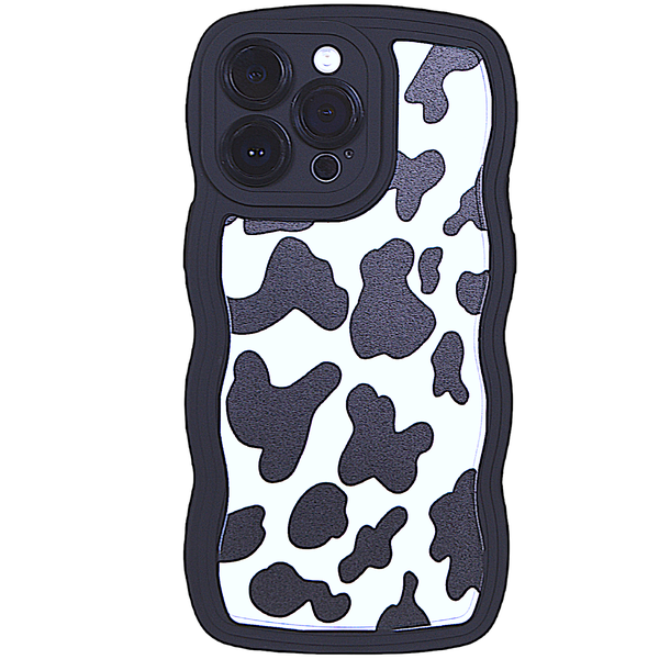 Black Phone Case with Wavy Edge &amp; Cow Print for iPhone 14 Pro