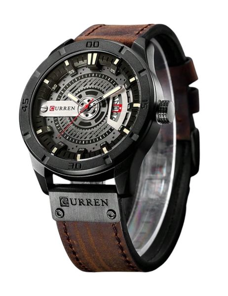 CURREN - Water Resistant Leather Quartz Watch With Date Display -Rust Brown