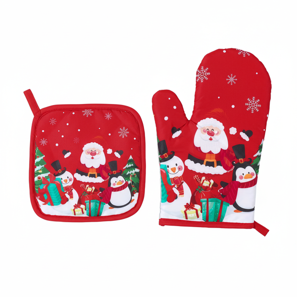 2 Piece - Christmas Santa &amp; Penguin Oven Mitt &amp; Pot Holder Set - Red
