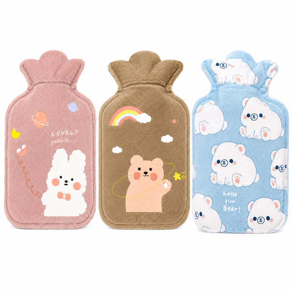 3 Pack Mini Hot Water Bottles with Soft Plush Covers - 350ml Cute Designs