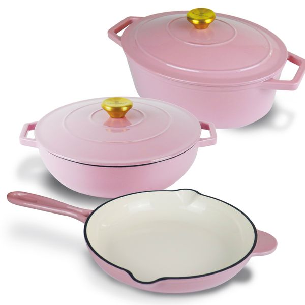 La Cocina 5 Piece Pink Cast Iron Enamel Cookware Set