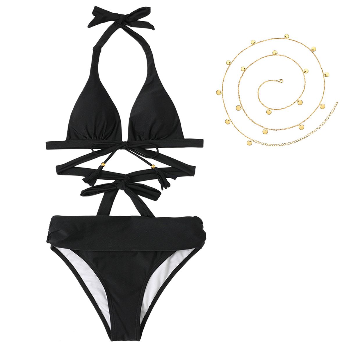 2PCS Bikini Set Swimsuit With Waist Chain Jewelry Adjustable HighWaist ...