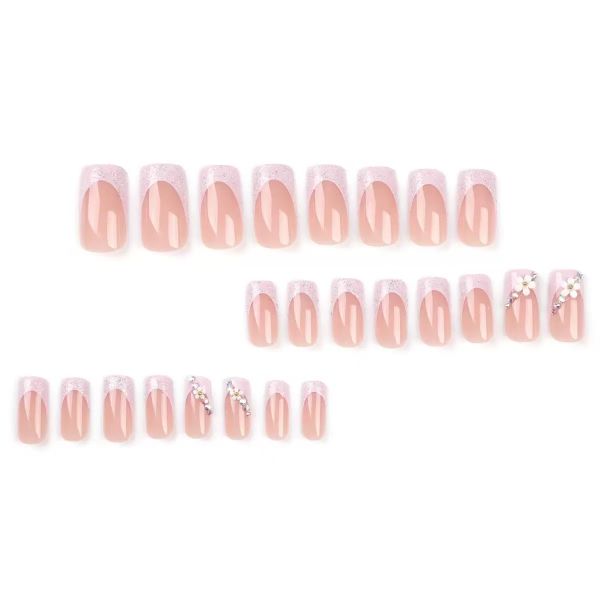 French Square Press on Nails Full Cover Flower False Pink Nails