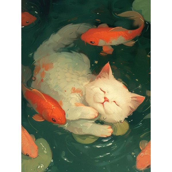 Cat and Koi Fish Diamond Painting Kit: 5D Full Drill, Fantasy