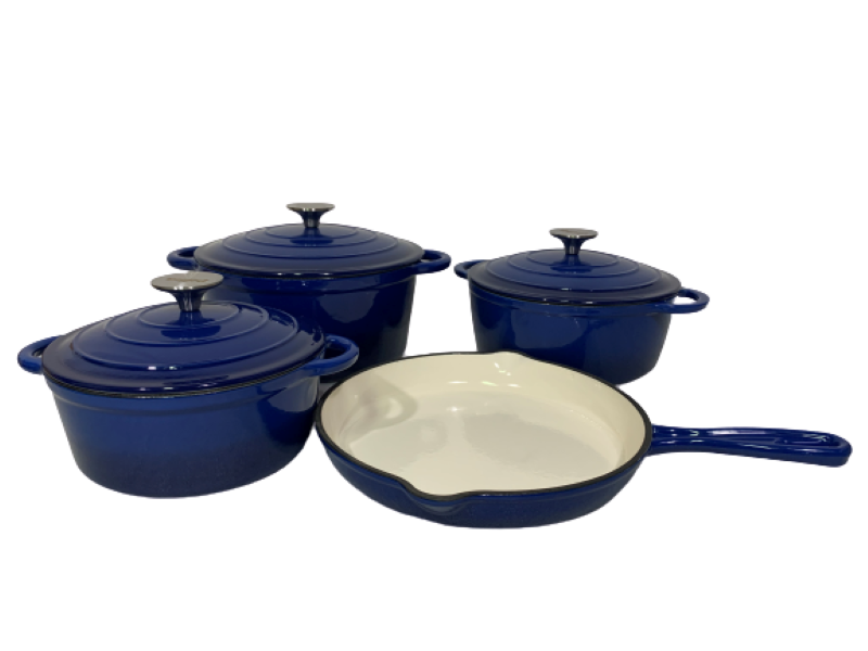 Pot set 7 Piece Cast Iron Grooved Lid Blue