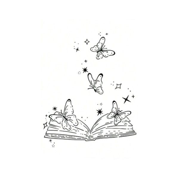 Mystical Book Temporary Tattoo With Butterfly &amp; Star Accents - Black