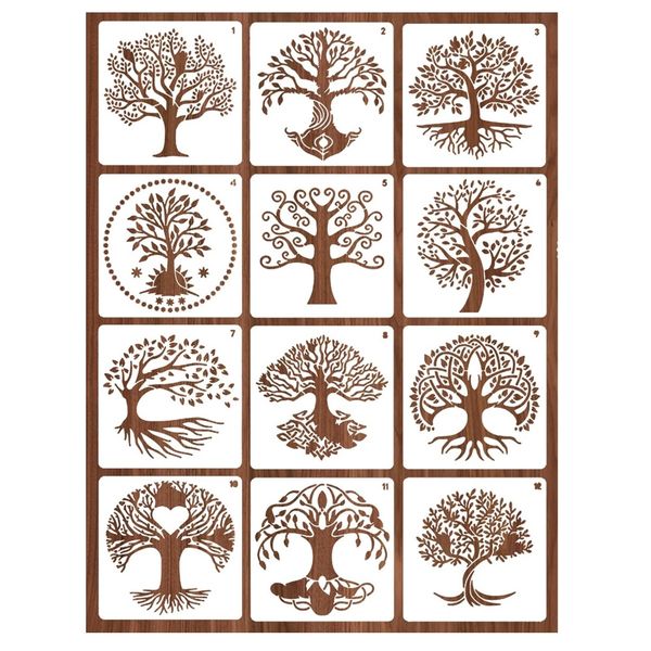 Craft 12Pcs Reusable Tree Of Life Drawing Template Stencils -15cm