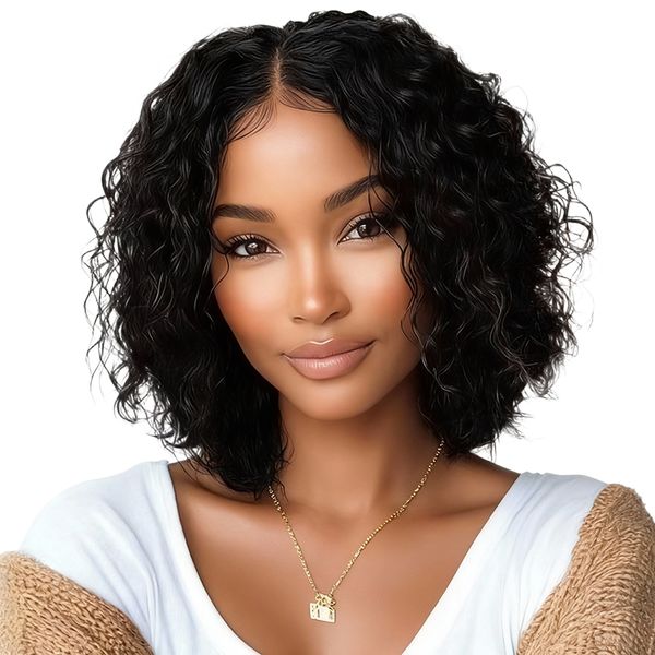 Glueless 4x4 Water Wave Curly Bob Wig - 10 Inch Premium Human Hair Black In