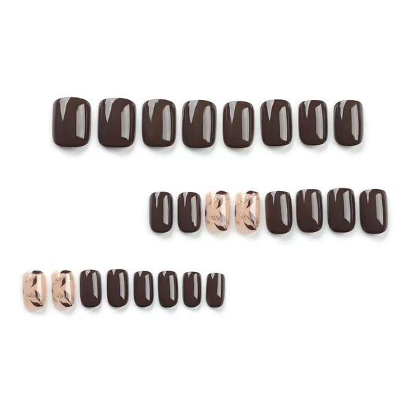 Dark Brown Press on Nails Short Square Fake Nails Accents Glitter Designs