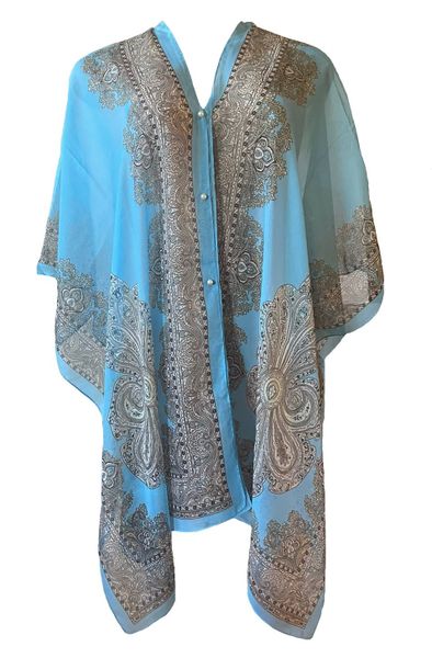 Ladies Kaftan Satin Silk Floral - Blue / Multi-Colour