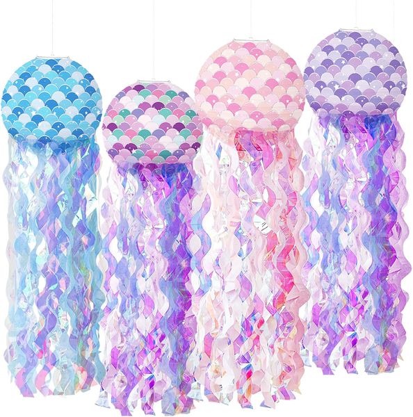 4 Piece Paper Lanterns, Gradient Mermaid Jelly Fish Birthday Decorations