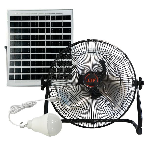 JJP Solar Fan Portable Rechargeable Fan Black 12 Inch With Led Bulb