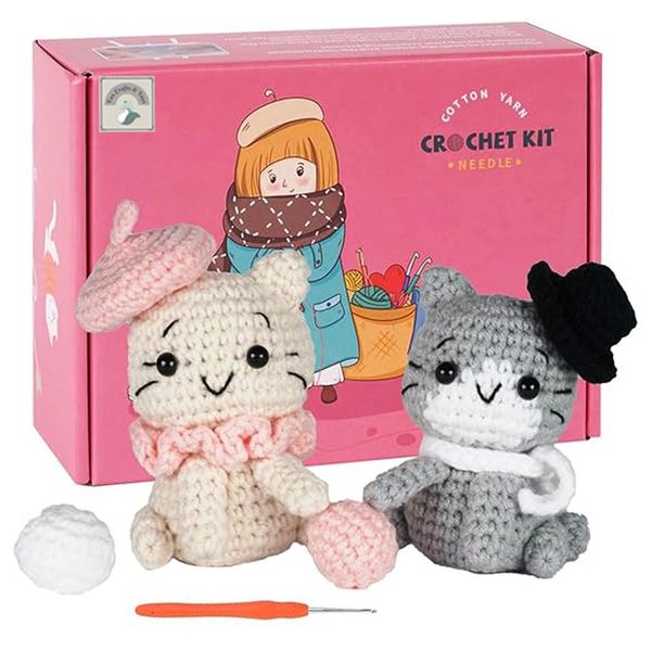 Crochet Amigurumi Kit - Pink and Grey Kittens Wool Art DIY Craft