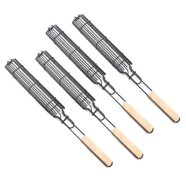 Set of 4 Wooden Handle Non-Stick Barbeque Net