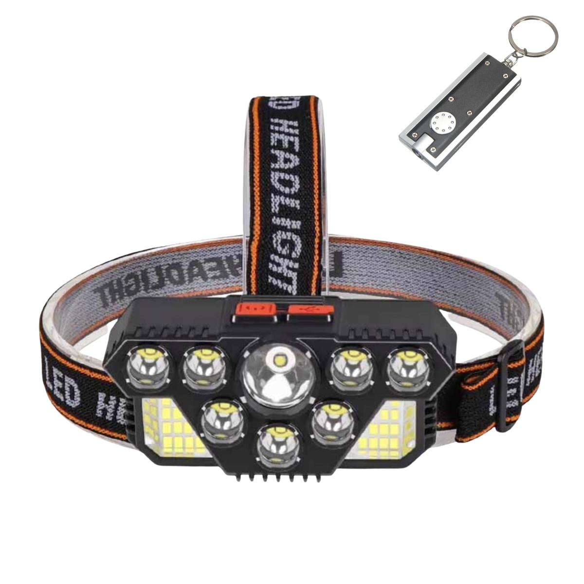 Powerful Rechargeable Head Torch with 8 LED's & 20SMD's + Keyring Torch