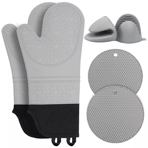 Oven Gloves - long, Oven Mitts and Potholders - Grey - Set of 6