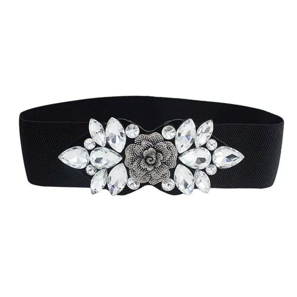 Imitation Rhinestone Wide Belt - Female Flowers - Elastic Buckle