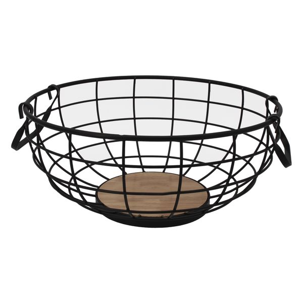 Regent Kitchen Fruit Basket with Handles Black Wire and Wood,