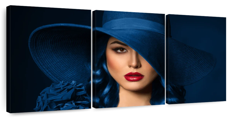 Canvas Art -Blue Hat Woman 3 Piece Canvas Wall Art Living Bedroom Decor