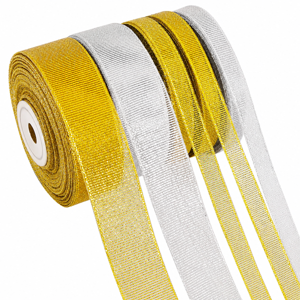 5 Rolls 25 Yards Glitter Gold Silver Ribbons, 2 Sizes,Gift Wrapping Ribbons