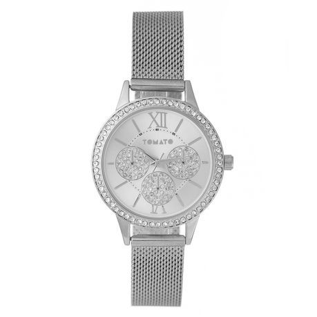 Ladies Watch Silver 36,5mm Case, Silver Dial &Mesh Band 3 Fake Eyes with Stones Image