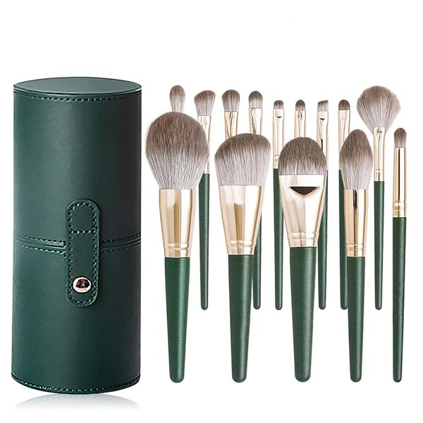 14-Piece Makeup Brush Set with Wooden Handles &amp; Storage Bucket