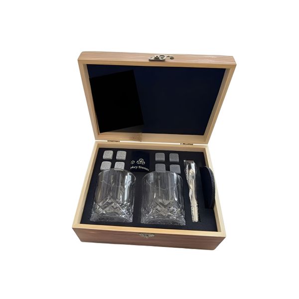 2-piece Whisky Glass Gift Set with Wooden Box &amp; Accessories - Brown