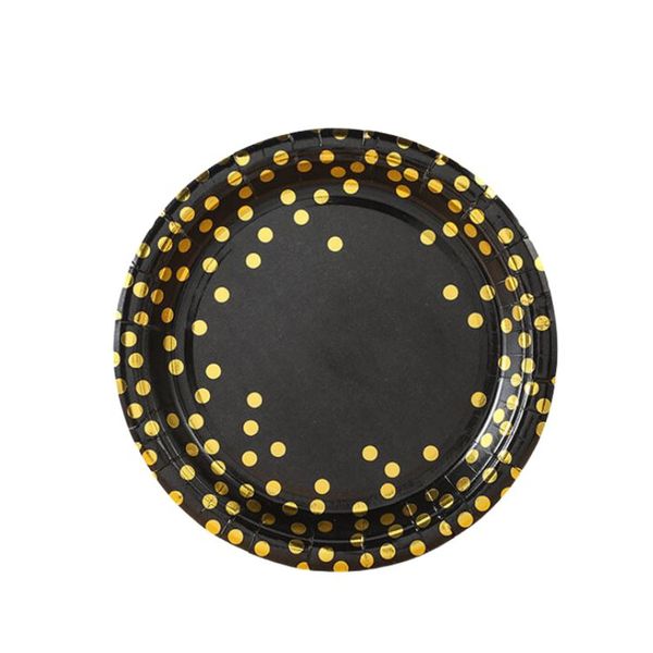 7" Party Paper Plate - Black with Gold Dot - Set of 10