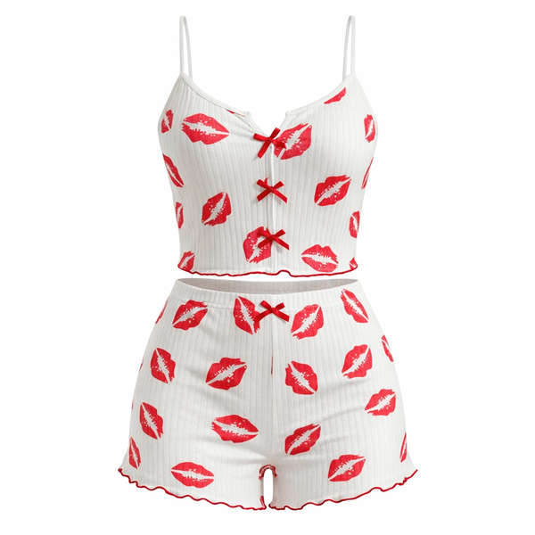 Two Piece Red Kiss Print Pajama Set - White