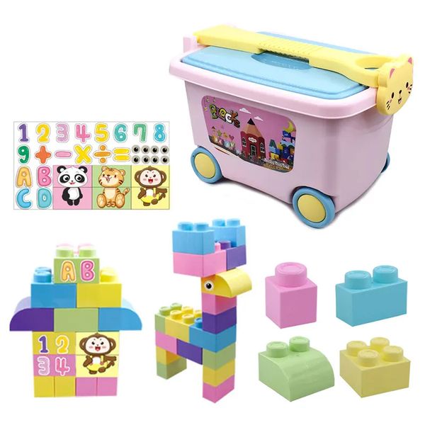 72 Pieces Baby Building Blocks Bucket Puzzle Blocks Trolley Pink -E0029
