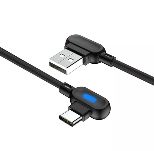 USB Type-C LED 90 Degree Elbow USB Braided Charging Cable - 2m Extra Long